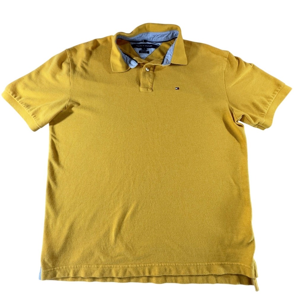 Tommy Hilfiger Polo Shirt Mens XL Mustard Yellow Classic Fit Cotton Flag Logo